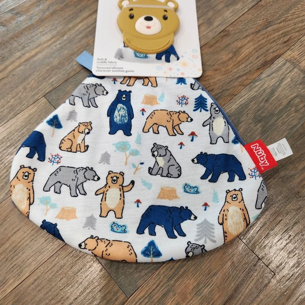 Nuby Teething Blankie Silicone Teddy Bear Woodland Lovey Security Blue Blanket‎